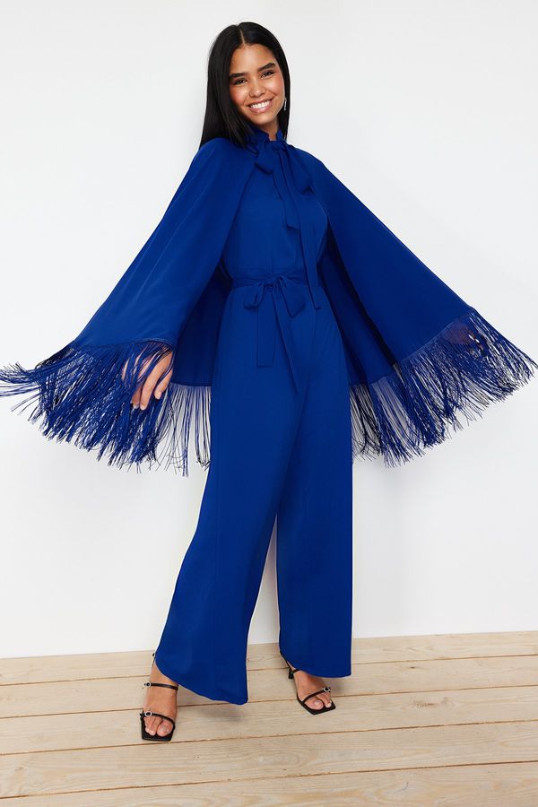 Trendyol Trendyol Navy Blue Tasseled Cape-Jumpsuit Evening Dress Suit