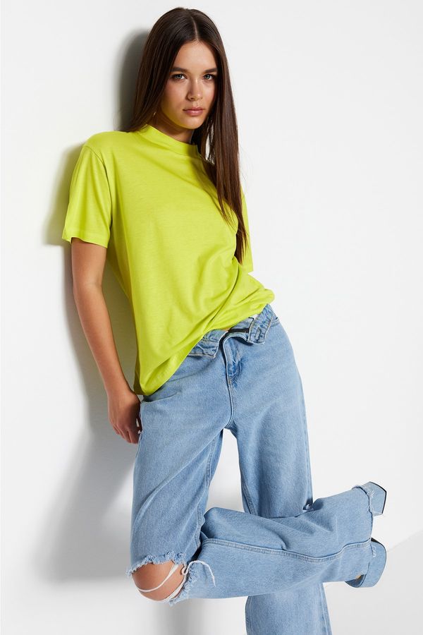 Trendyol Trendyol Oil Green 100% Cotton Basic Stand Collar Knitted T-Shirt