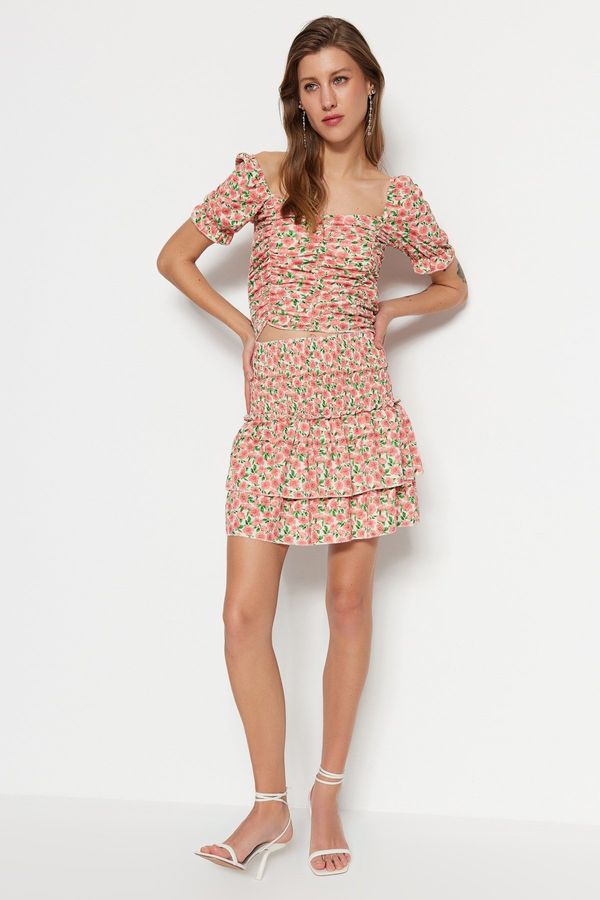 Trendyol Trendyol Pink Floral Skirt With Ruffle High Waist Crisp Mini Knitted Skirt