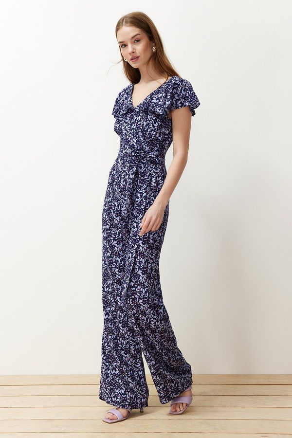 Trendyol Trendyol Purple Floral Patterned Flywheel Detailed Viscose Maxi Woven Jumpsuit