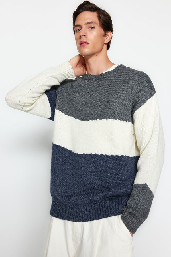 Trendyol Trendyol Raznobojni muški oversize fit Široki fit Crew vrat Boja blok pletenina džemper.
