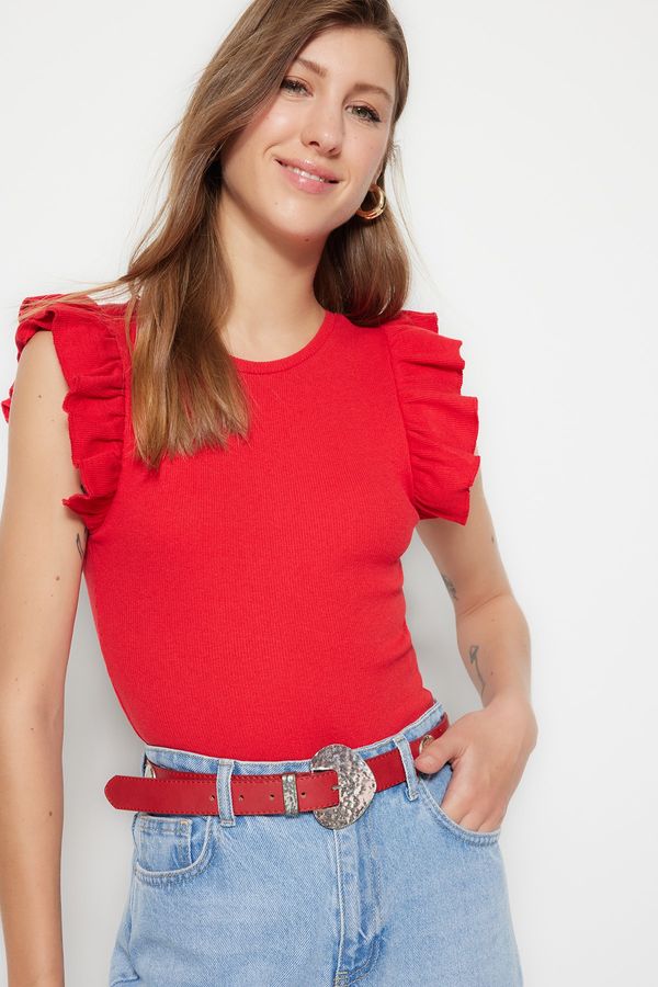 Trendyol Trendyol Red Frill Detailed Corduroy Crew Neck Flexible Knitted Bodysuit