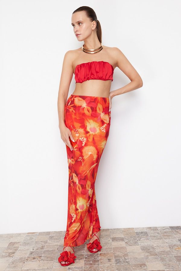 Trendyol Trendyol Red-Multicolored Floral Patterned Lined Knitted Tulle Skirt