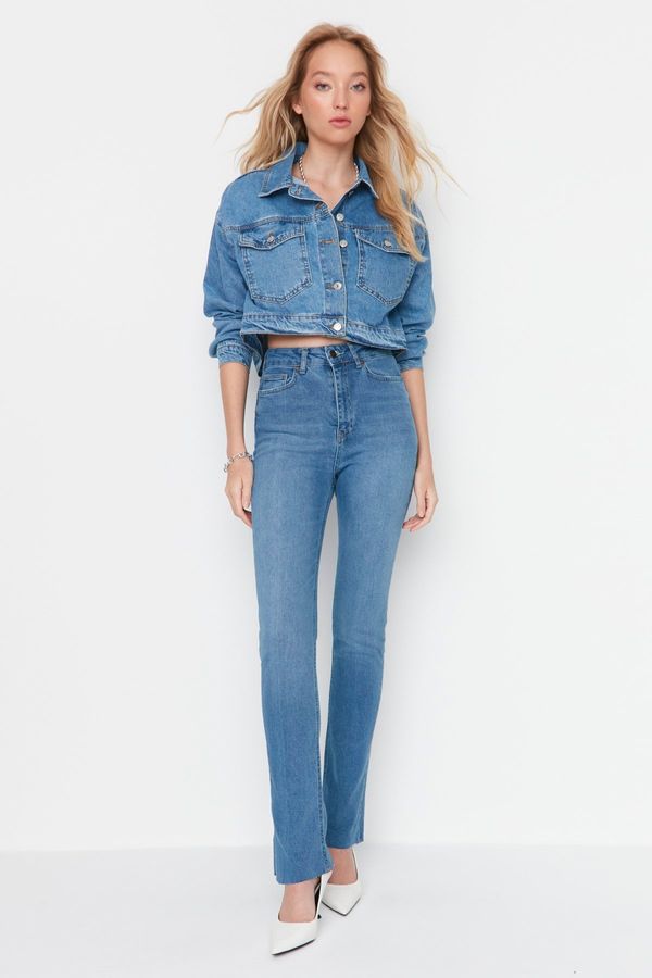 Trendyol Trendyol tamnoplave traperice visokog struka skinny flare traperice s izrezanim nogama