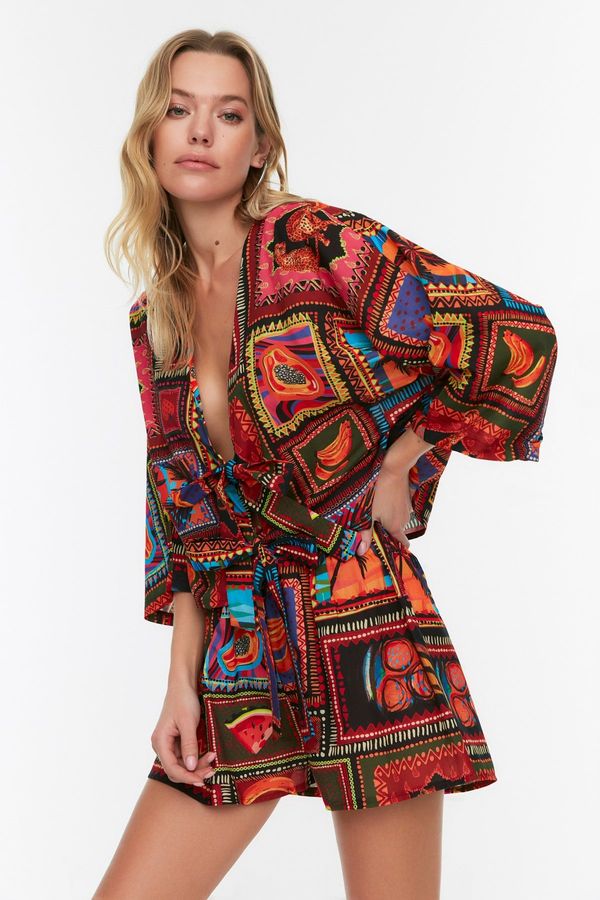 Trendyol Trendyol Tropical Patterned Woven 100% Cotton Shirt Shorts Set