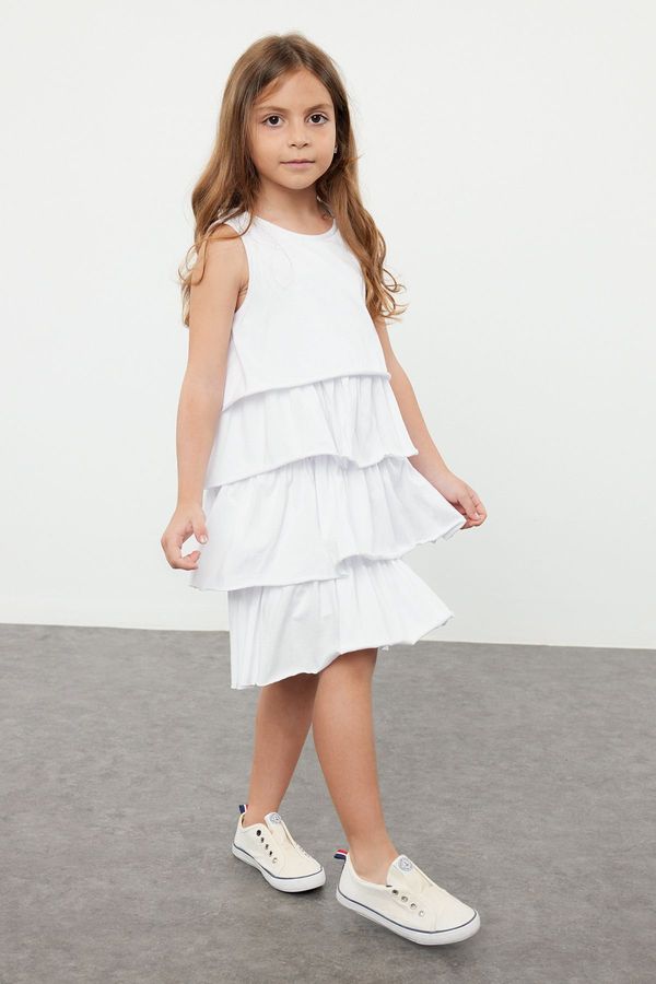 Trendyol Trendyol White Girl's Ruffled Sleeveless Crew Neck Knitted Dress