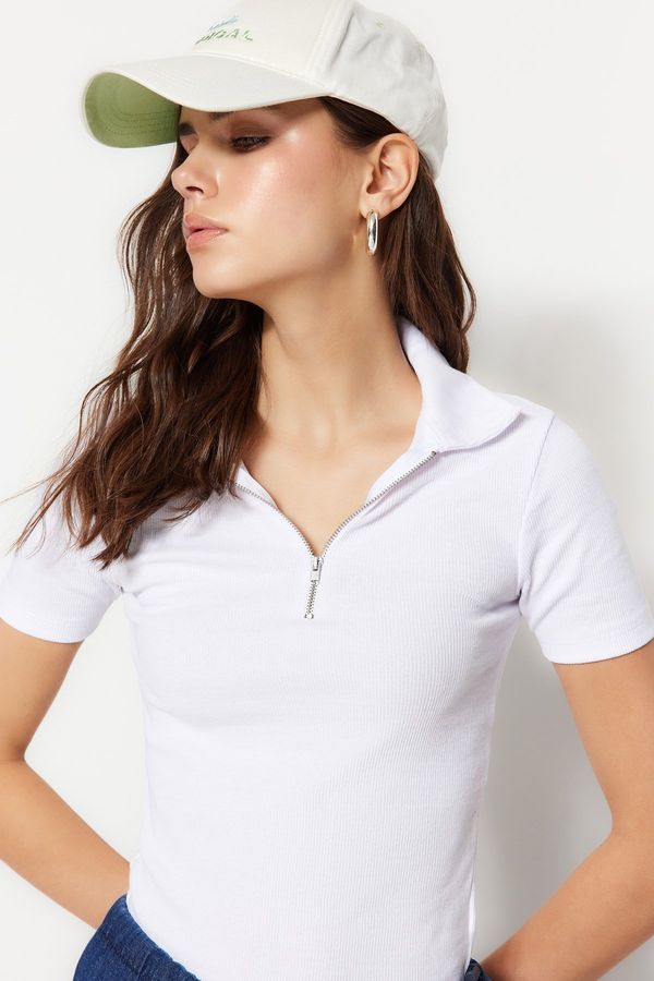 Trendyol Trendyol White Zipper Detailed Fitted Polo Neck Ribbed Stretchy Knitted Blouse