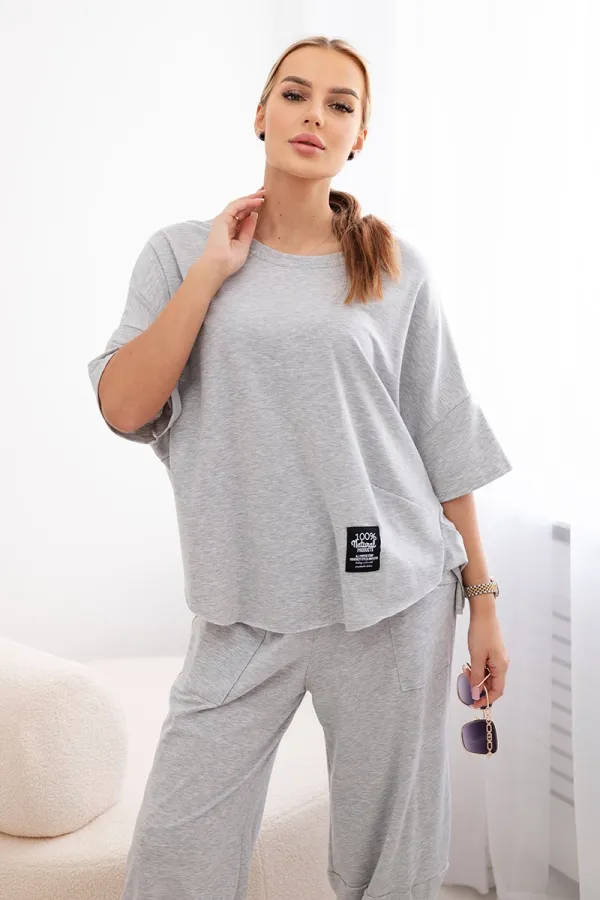 Włoski Włoski Cotton set blouse + trousers light grey