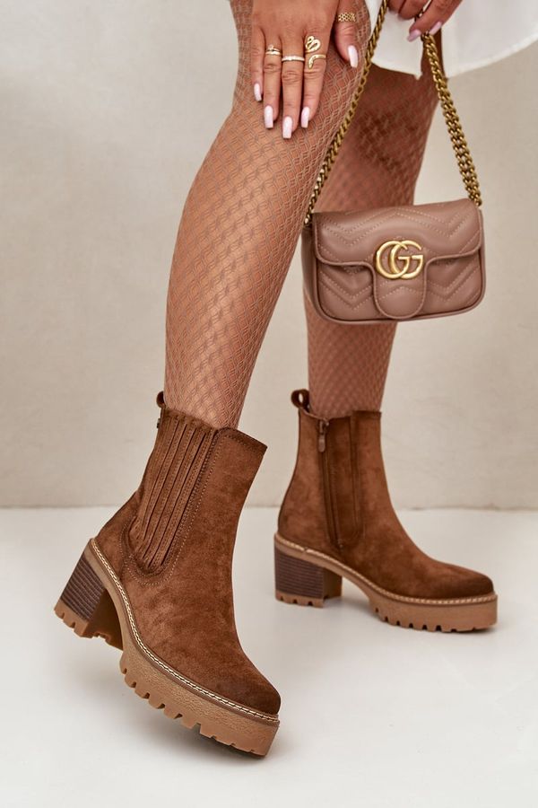 PS1 Women's ankle boots on a heel made of eco suede insulated brown Nevitas