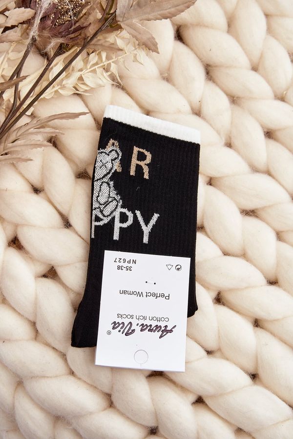Kesi Women's cotton socks with inscription and teddy bear, black