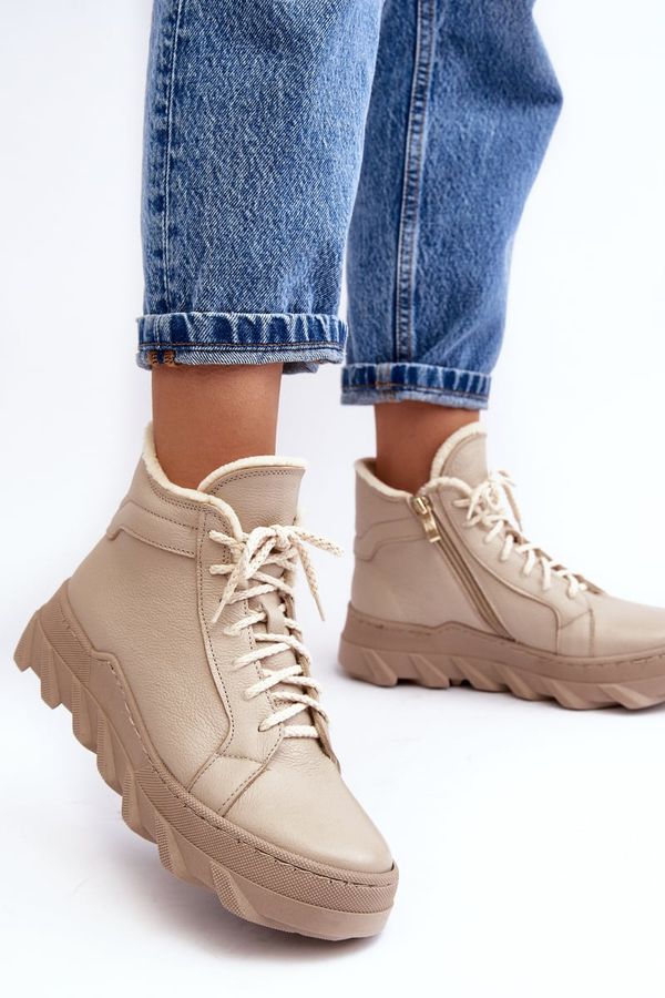 LEMAR Women's Leather Platform Lined Boots Beige Lemar Jevette
