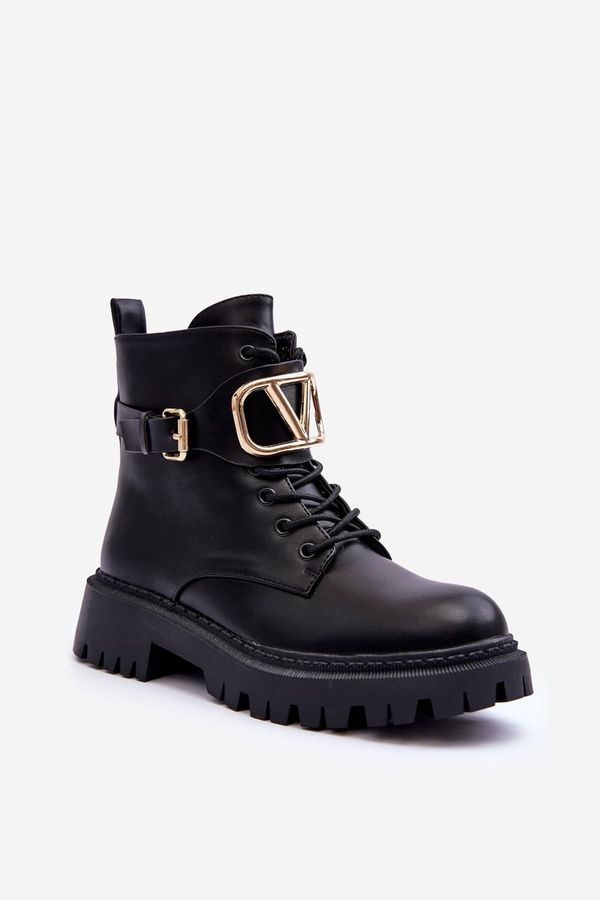 Kesi Women's leather work boots with embellishment, black Lalede