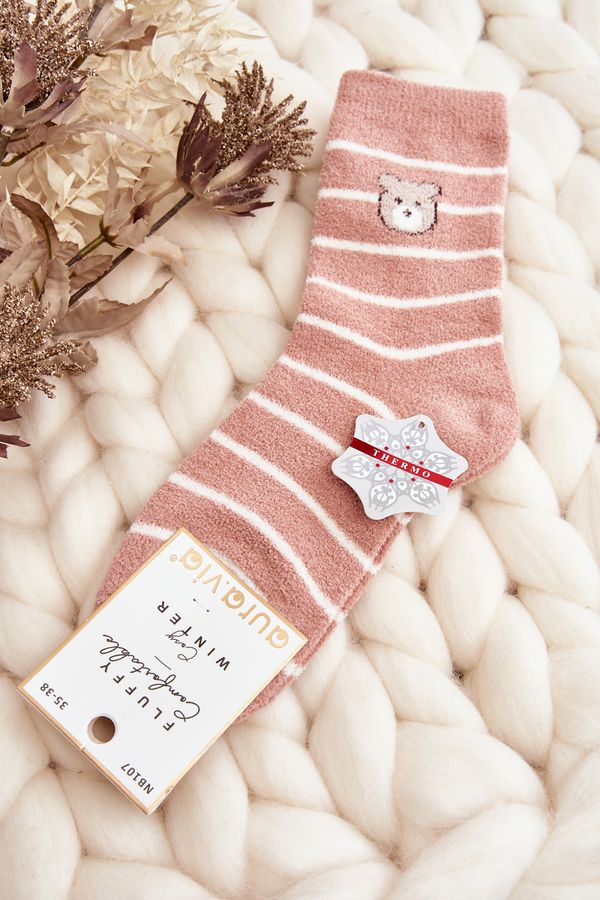 Kesi Women's warm striped socks with teddy bear, pink