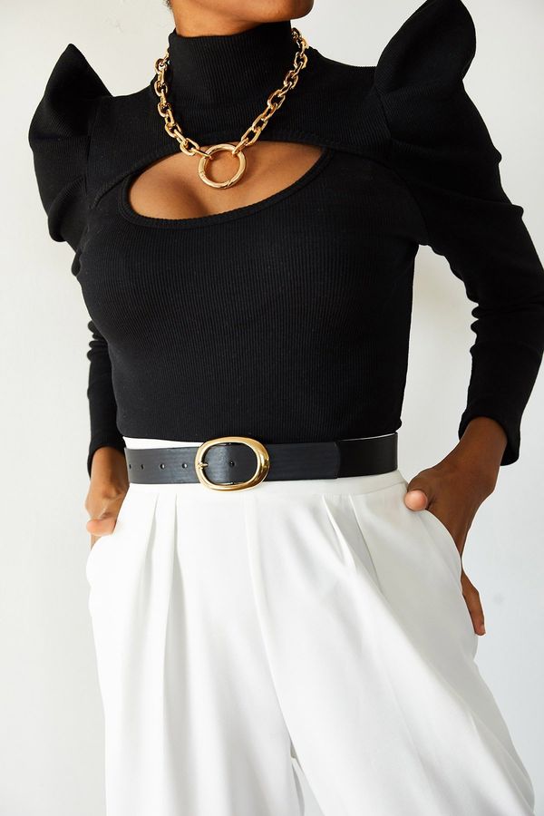 XHAN XHAN Women's Black Degaje Detailed High Shoulder Blouse