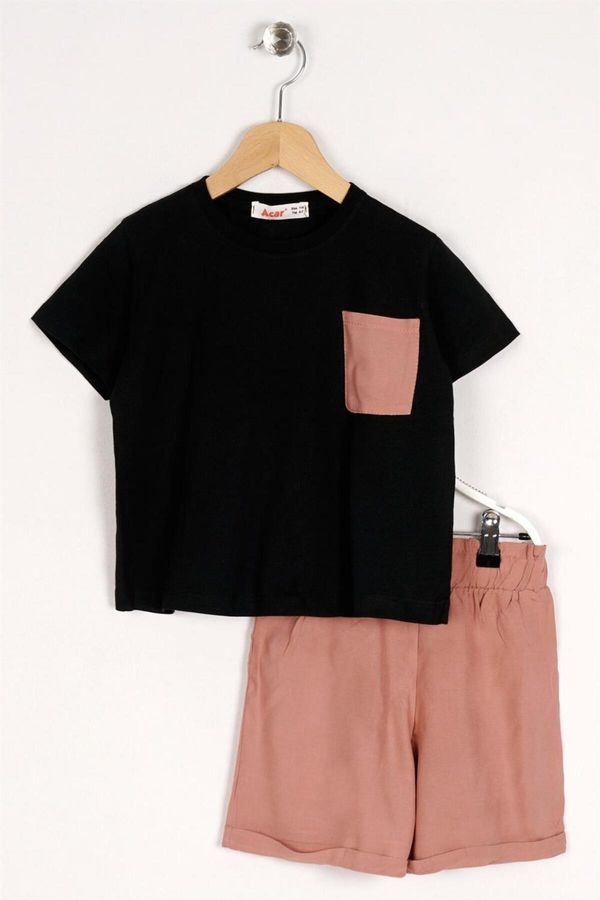 zepkids zepkids Girl's Black Powder Color Front Pocket Detailed Shorts Set.