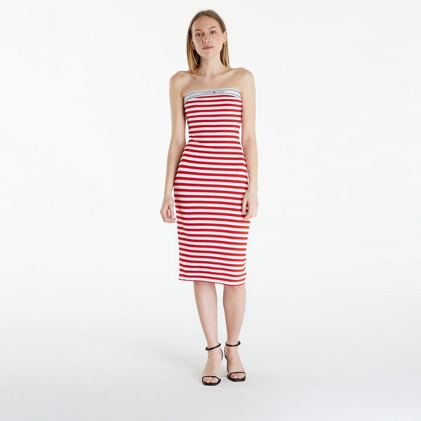 Tommy Hilfiger Tommy Jeans Logo Tape Stripe Knee Lenght Tube Dress Red