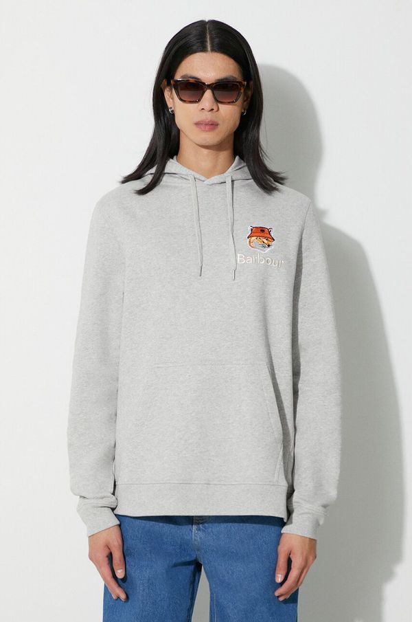 Barbour Pamučna dukserica Barbour x Maison Kitsune Fox Head Hoodie za muškarce, boja: siva, s kapuljačom, s aplikacijom, MOL0569