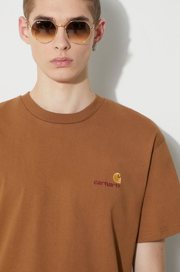Carhartt WIP Pamučna majica Carhartt WIP S/S American Script T-Shirt za muškarce, boja: smeđa, s aplikacijom, I029956.HZXX