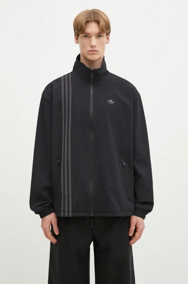 adidas Originals Dukserica adidas Originals Fashion Seersucker Firebird Track Top za muškarce, boja: crna, s kapuljačom, bez uzorka, JC7416