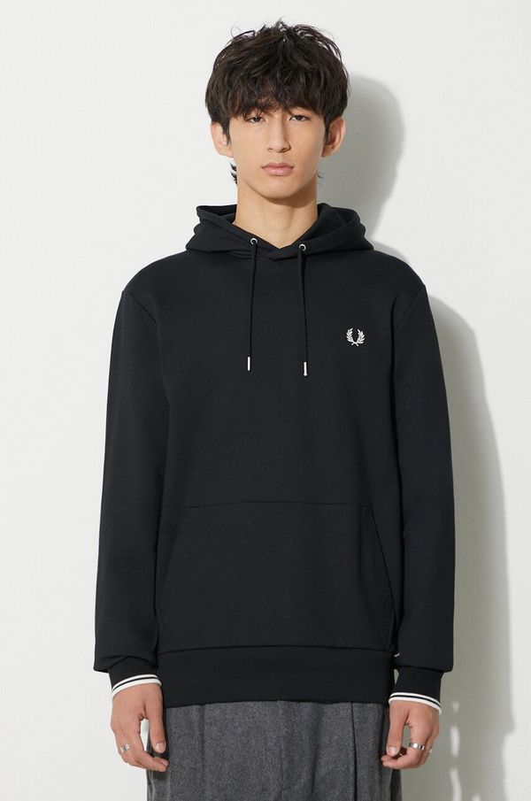 Fred Perry Pamučna dukserica Fred Perry za muškarce, boja: crna, s kapuljačom, s aplikacijom, M2643.102