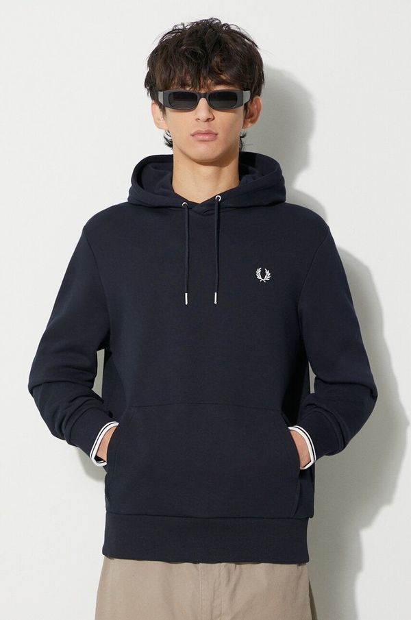 Fred Perry Pamučna dukserica Fred Perry za muškarce, boja: tamno plava, s kapuljačom, s aplikacijom, M2643.248