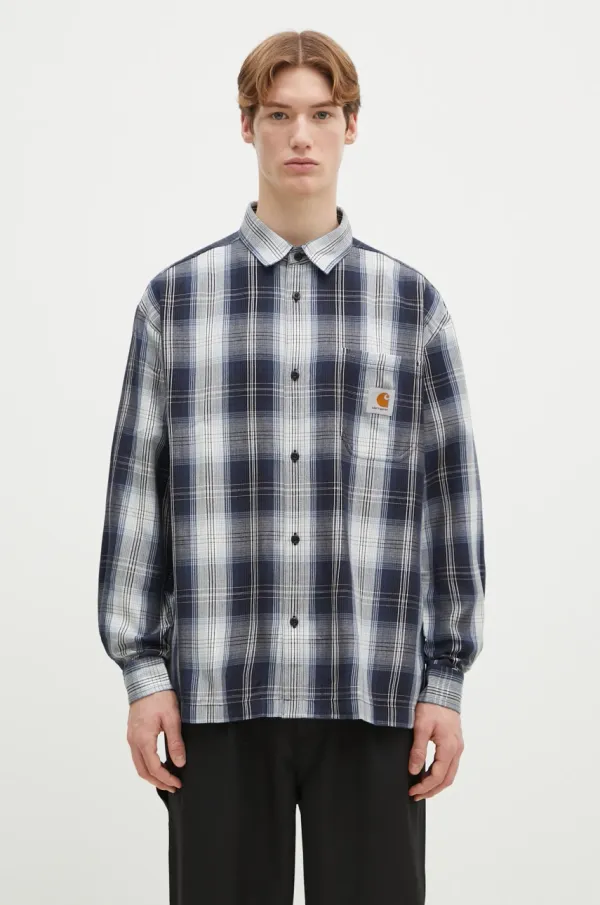 Carhartt WIP Košulja Carhartt WIP Longsleeve Blanton Shirt za muškarce, boja: tamno plava, regular, s klasičnim ovratnikom, I034379.2MCXX