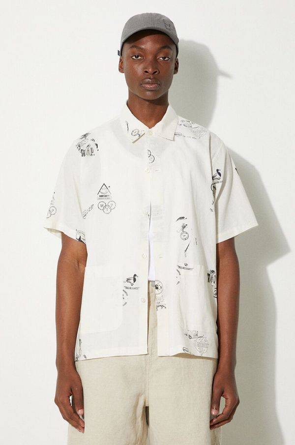 Carhartt WIP Košulja s dodatkom lana Carhartt WIP Stamp Shirt boja: bež, relaxed, s klasičnim ovratnikom, I033689.2MAXX