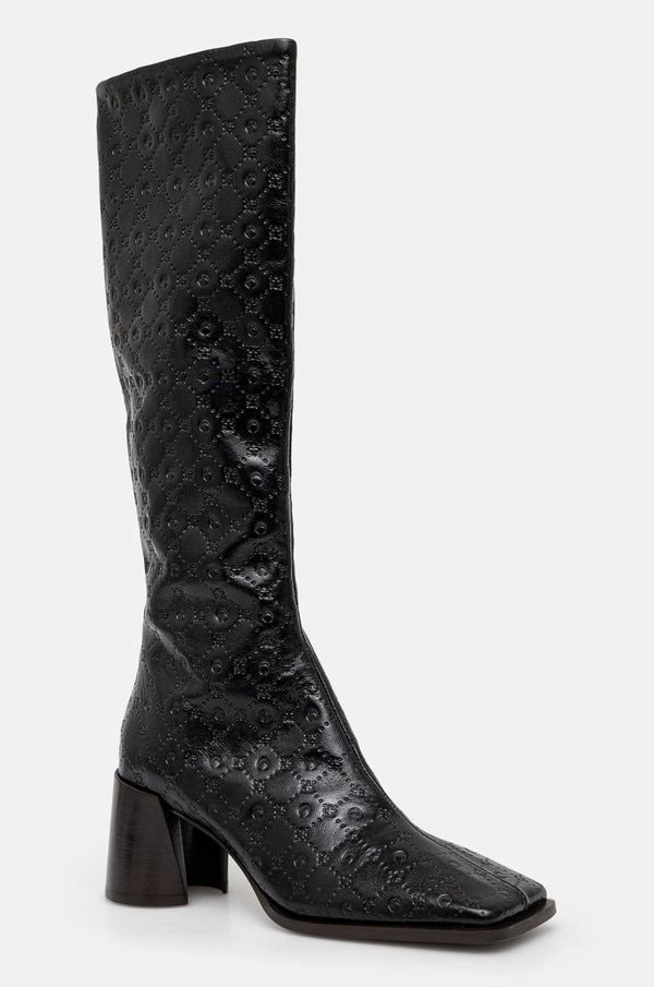 Marine Serre Kožne čizme Marine Serre Moonogram Embossed Leather Ms Block High za žene, boja: crna, s debelom potpeticom, WFW038A.CLEA0051