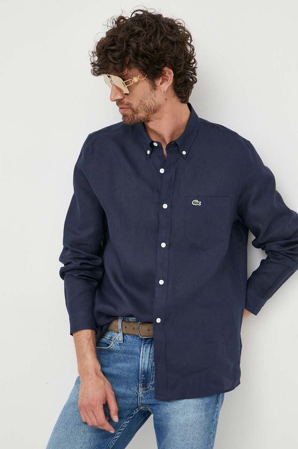 Lacoste Lanena košulja Lacoste boja: tamno plava, regular, o button-down ovratnikom