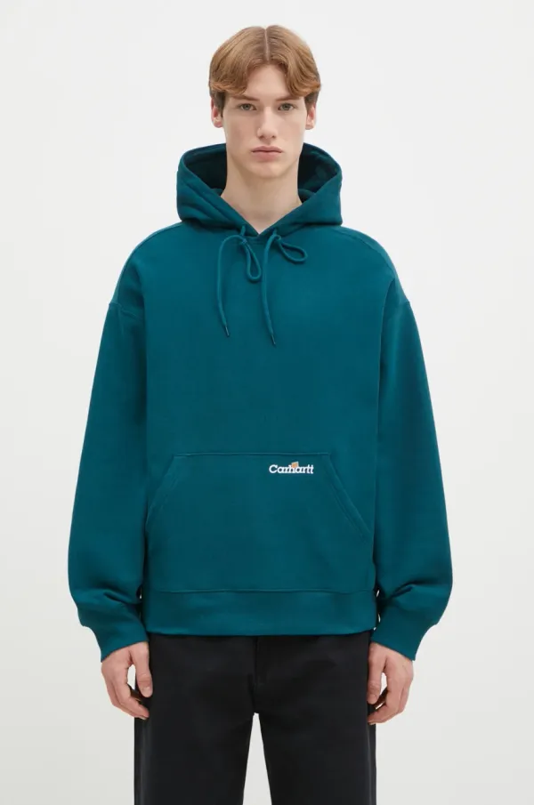 Carhartt WIP Pamučna dukserica Carhartt WIP Hooded Label Script Sweat za muškarce, boja: tirkizna, s kapuljačom, bez uzorka, I034430.2M1XX