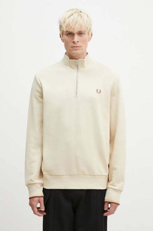 Fred Perry Pamučna dukserica Fred Perry Half Zip Sweatshirt za muškarce, boja: bež, bez uzorka, M3574.W69