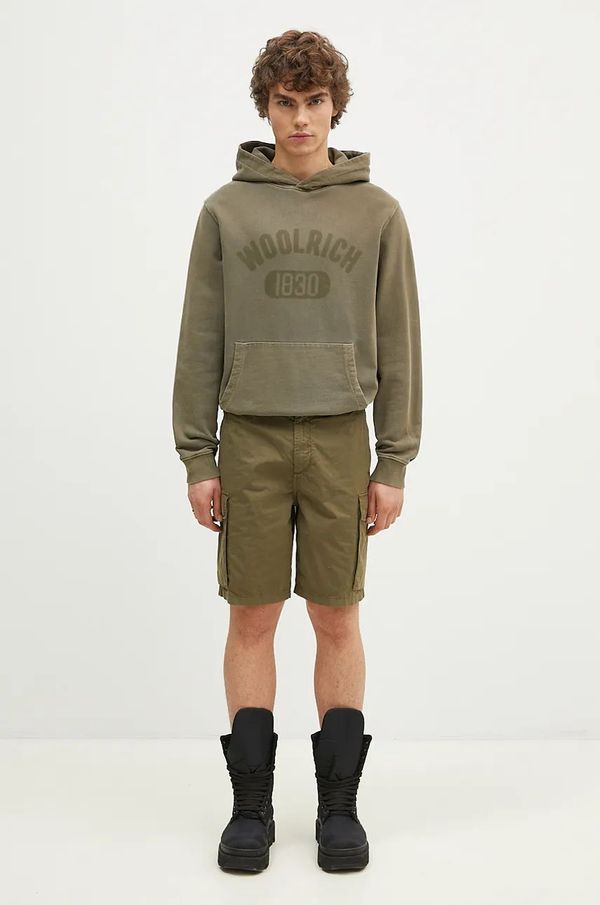 Woolrich Pamučna dukserica Woolrich Garment Dyed Logo Hoodie za muškarce, boja: zelena, s kapuljačom, s uzorkom, CFWOSW0220MRUT3686