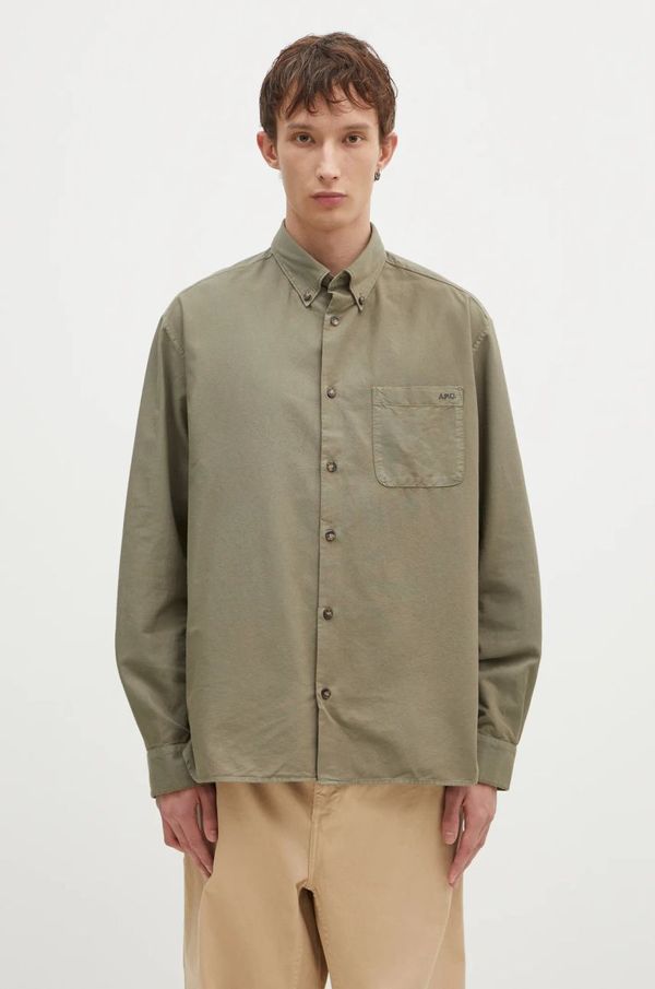 A.P.C. Pamučna košulja A.P.C. Chemise Mateo Logo za muškarce, boja: zelena, relaxed, s button-down ovratnikom, COHAH-H12599