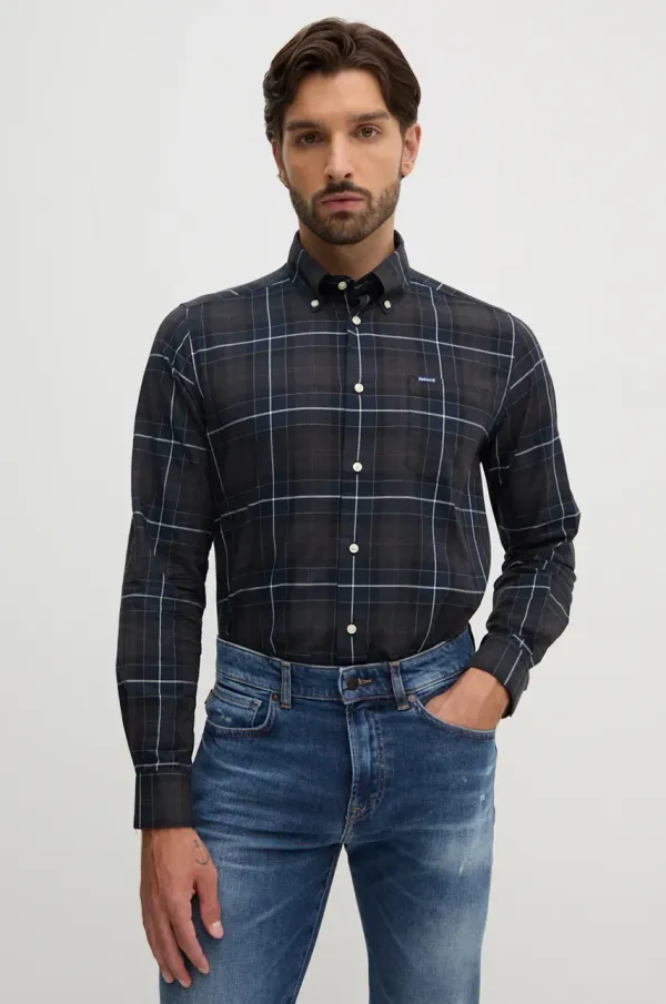 Barbour Pamučna košulja Barbour za muškarce, boja: smeđa, slim, s button-down ovratnikom