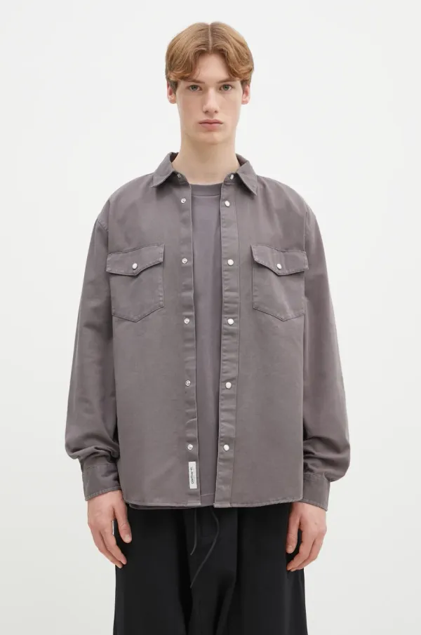 Carhartt WIP Pamučna košulja Carhartt WIP Longsleeve Santa Fe Shirt za muškarce, boja: siva, relaxed, s klasičnim ovratnikom, I034384.2LQGD
