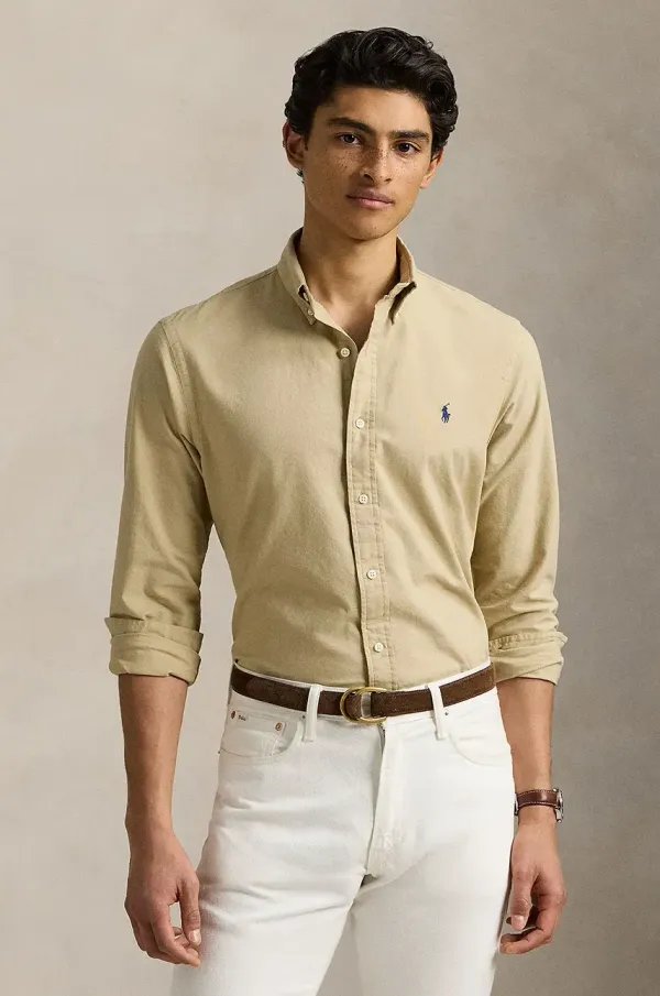 Polo Ralph Lauren Pamučna košulja Polo Ralph Lauren za muškarce, boja: bež, slim, s button-down ovratnikom, 710960643