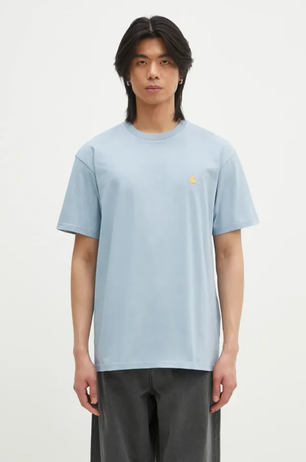 Carhartt WIP Pamučna majica Carhartt WIP Chase za muškarce, boja: tirkizna, s aplikacijom, I026391.2MYXX