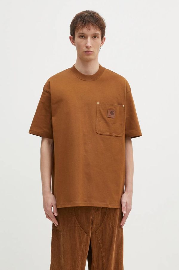 Carhartt WIP Pamučna majica Carhartt WIP Eldon Pocket za muškarce, boja: smeđa, bez uzorka, I034365.HZXX