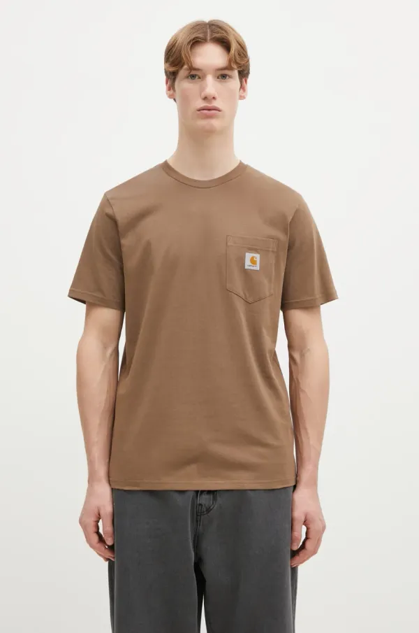 Carhartt WIP Pamučna majica Carhartt WIP Pocket za muškarce, boja: smeđa, bez uzorka, I030434.2LTXX