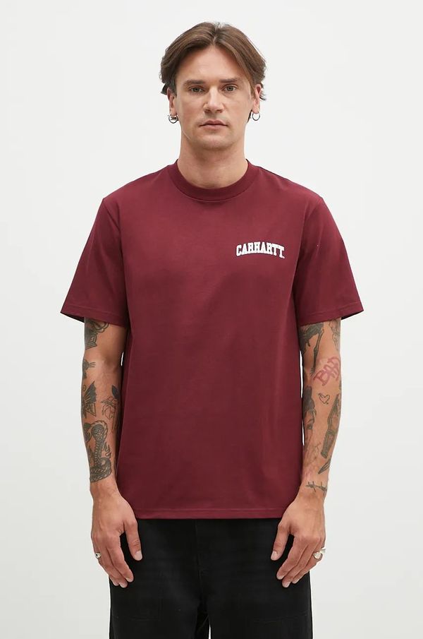Carhartt WIP Pamučna majica Carhartt WIP S/S University Script za muškarce, boja: bordo, s tiskom, I034852.2DRXX