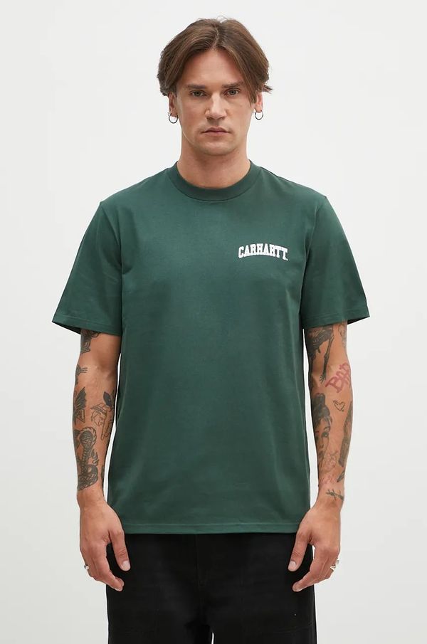 Carhartt WIP Pamučna majica Carhartt WIP S/S University Script za muškarce, boja: zelena, s tiskom, I034852.2DSXX