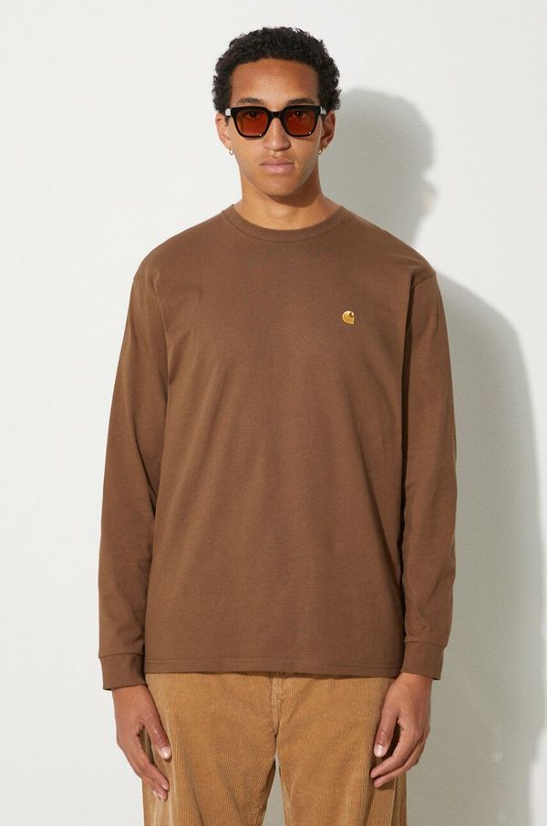 Carhartt WIP Pamučna majica dugih rukava Carhartt WIP Chase boja: smeđa, s aplikacijom, I026392.218XX