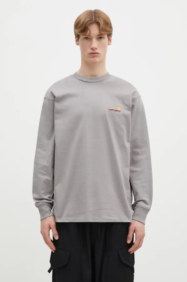 Carhartt WIP Pamučna majica dugih rukava Carhartt WIP Longsleeve American Script boja: siva, bez uzorka, I029955.2LRXX