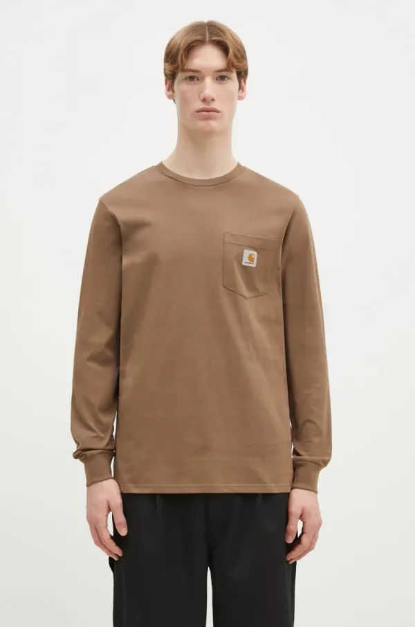 Carhartt WIP Pamučna majica dugih rukava Carhartt WIP Longsleeve Pocket boja: smeđa, bez uzorka, I030437.2LTXX