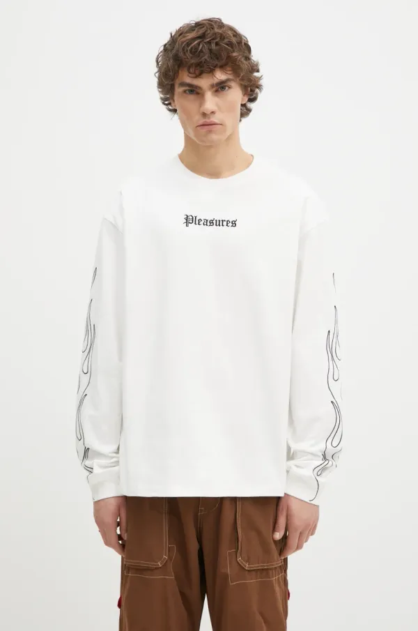PLEASURES Pamučna majica dugih rukava PLEASURES Fiery Heavyweight Longsleeve boja: bijela, s aplikacijom, P24W027