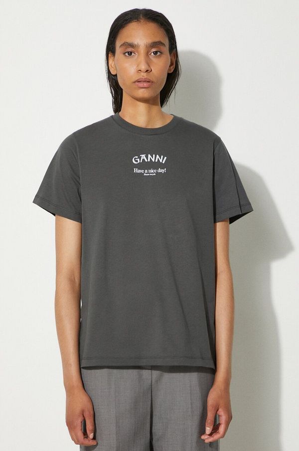 GANNI Pamučna majica GANNI Basic Jersey Ganni Relaxed T-shirt za žene, boja: siva, T3590