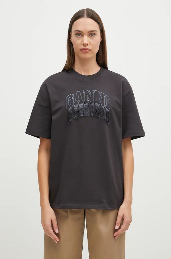 GANNI Pamučna majica GANNI Heavy Cotton Drop Shoulder Fringe za žene, boja: crna, T4056