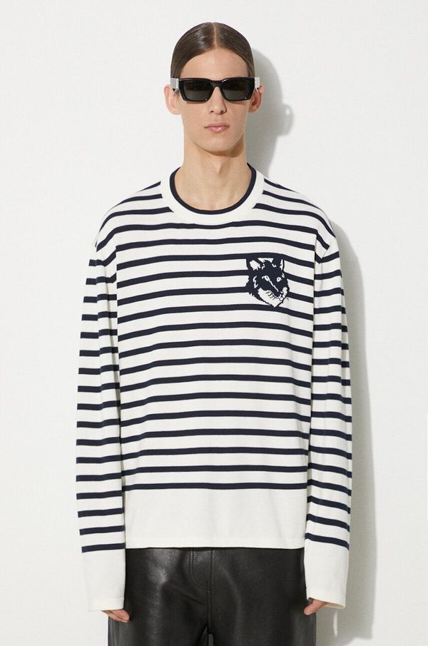Maison Kitsuné Pamučni pulover Maison Kitsuné Fox Head Intarsia Comfort Striped Jumper boja: tamno plava, lagani, MM00803KT1102