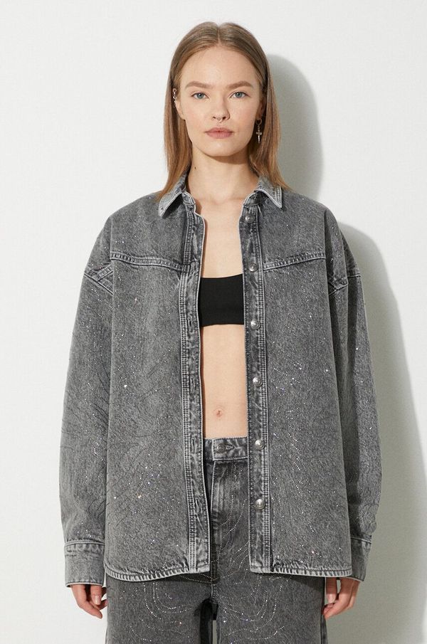 Rotate Traper košulja Rotate Rhinestone Denim Shirt za žene, boja: siva, relaxed, s klasičnim ovratnikom, 113014D06