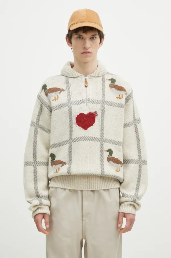 Human Made Vuneni pulover Human Made Animal Half-Zip Knit Sweater za muškarce, boja: bež, HM28CS015